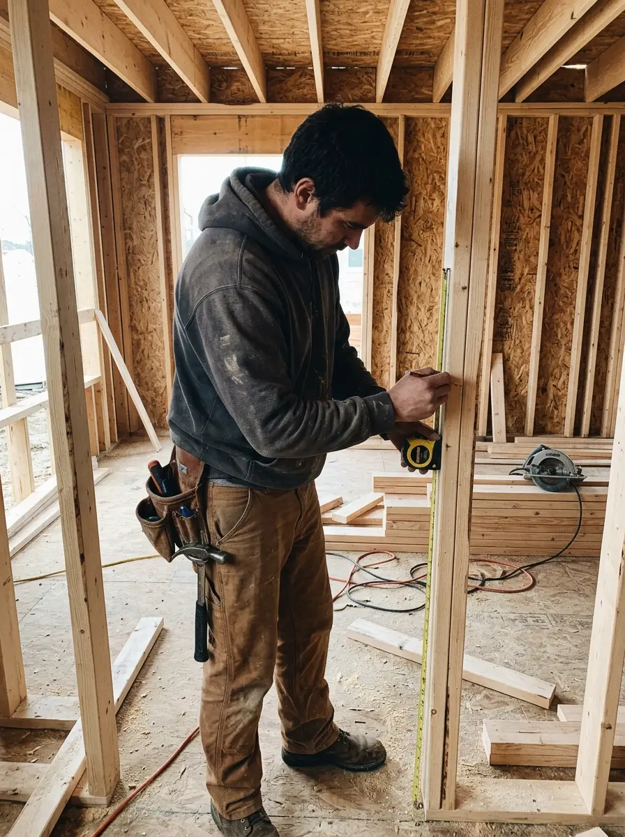 A carpenter marking a stud with a pencil inside a partially framed house