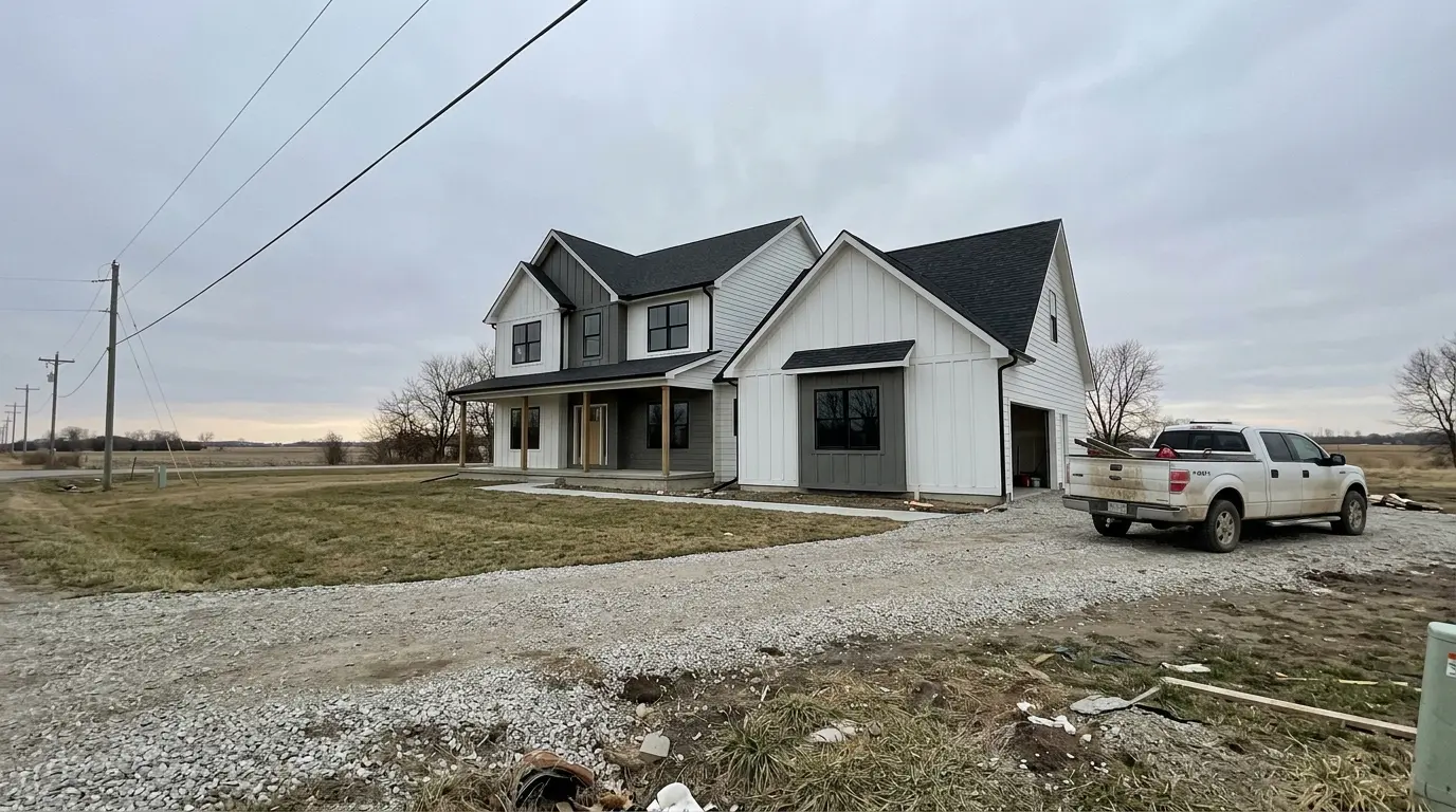 A newly completed custom home at dusk with warm interior lighting and a finished front walk