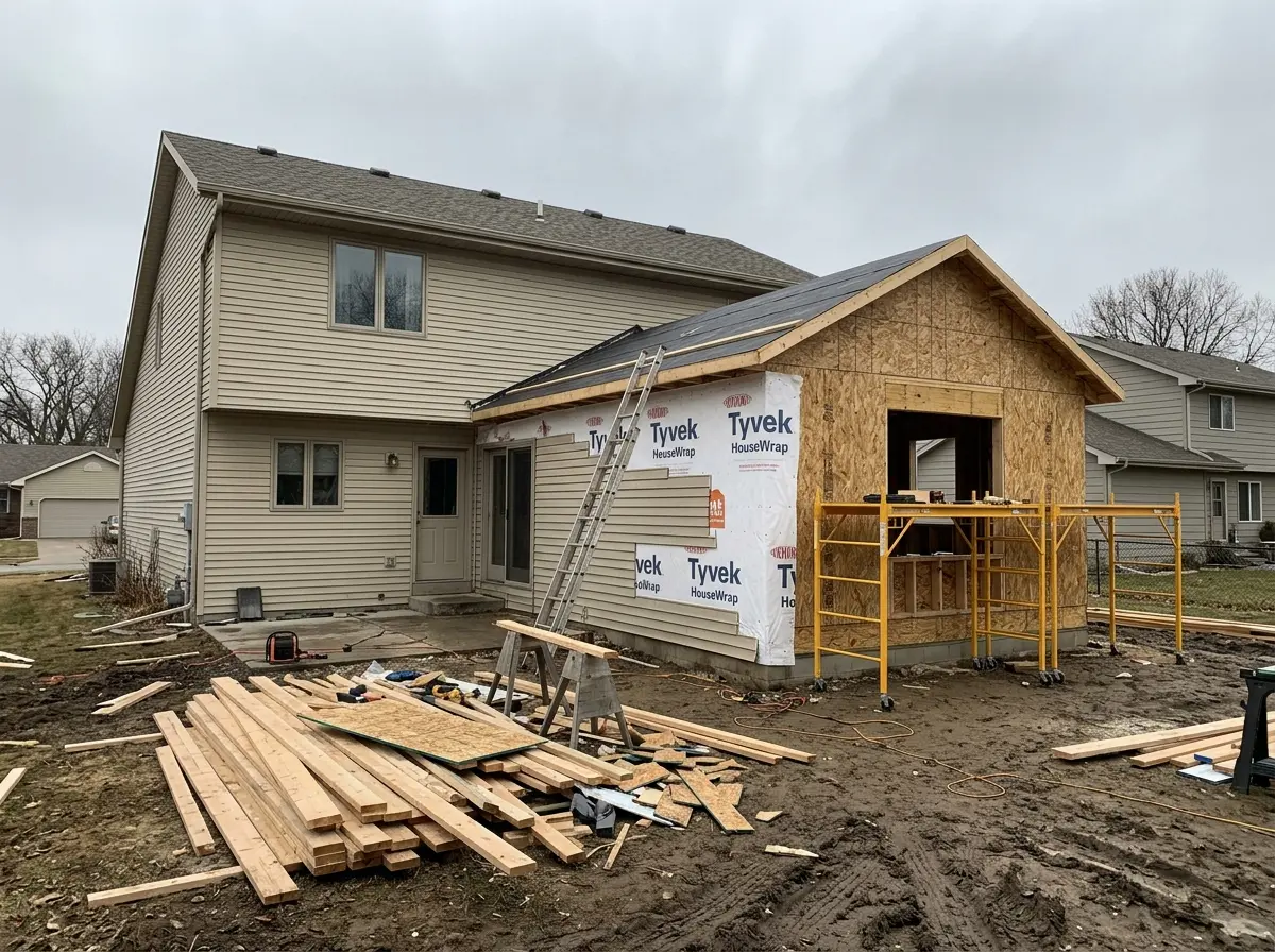 A framed home addition wrapped in house wrap, tied into the back of an existing two-story Nebraska house
