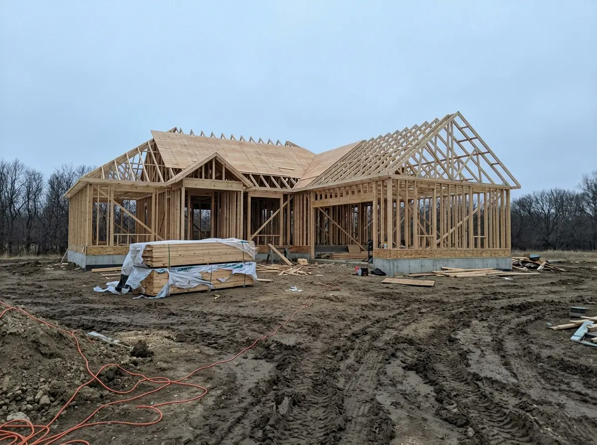 A custom home in the framing stage on a rural Nebraska lot, with roof trusses set and lumber stacked in the yard