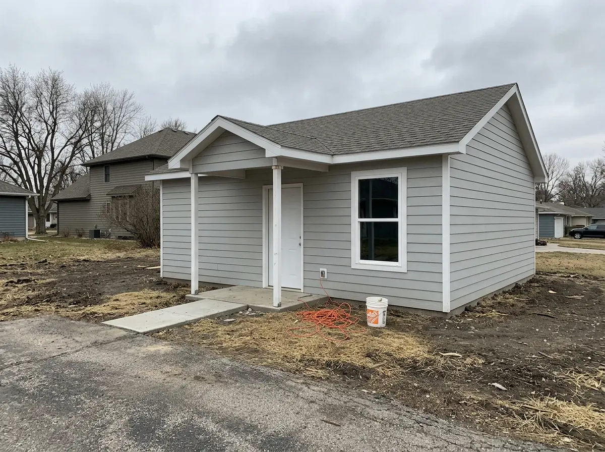 A finished guest house addition with lap siding and a covered entry beside the main home